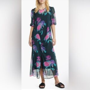 Topshop Black Floral Puff Sleeve Midi Dress